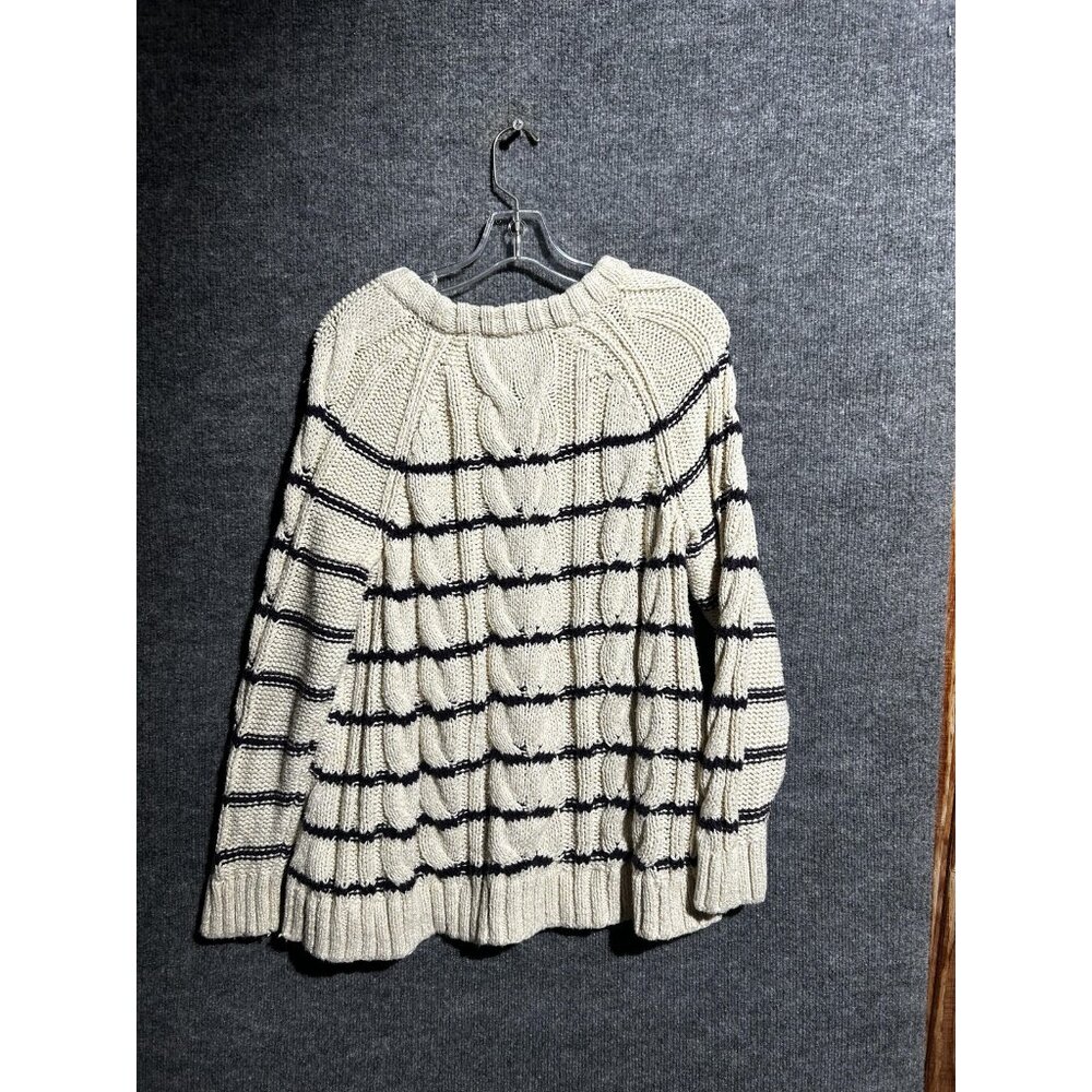J Jill Sweater Womens Large White Cable Knit Stripe Crewneck Chunky Pullover